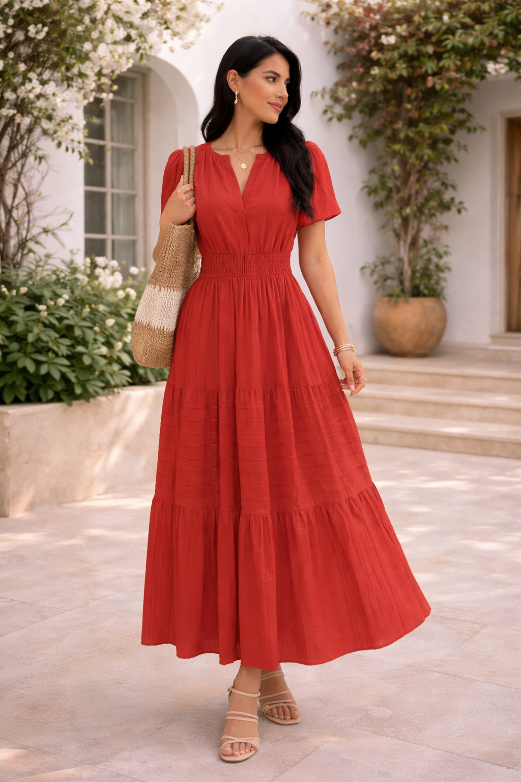 LV.GLAM®VESTIDO BOHO CON ESCOTE V Y BOLSILLOS-ELEGANTE Y CÓMODO