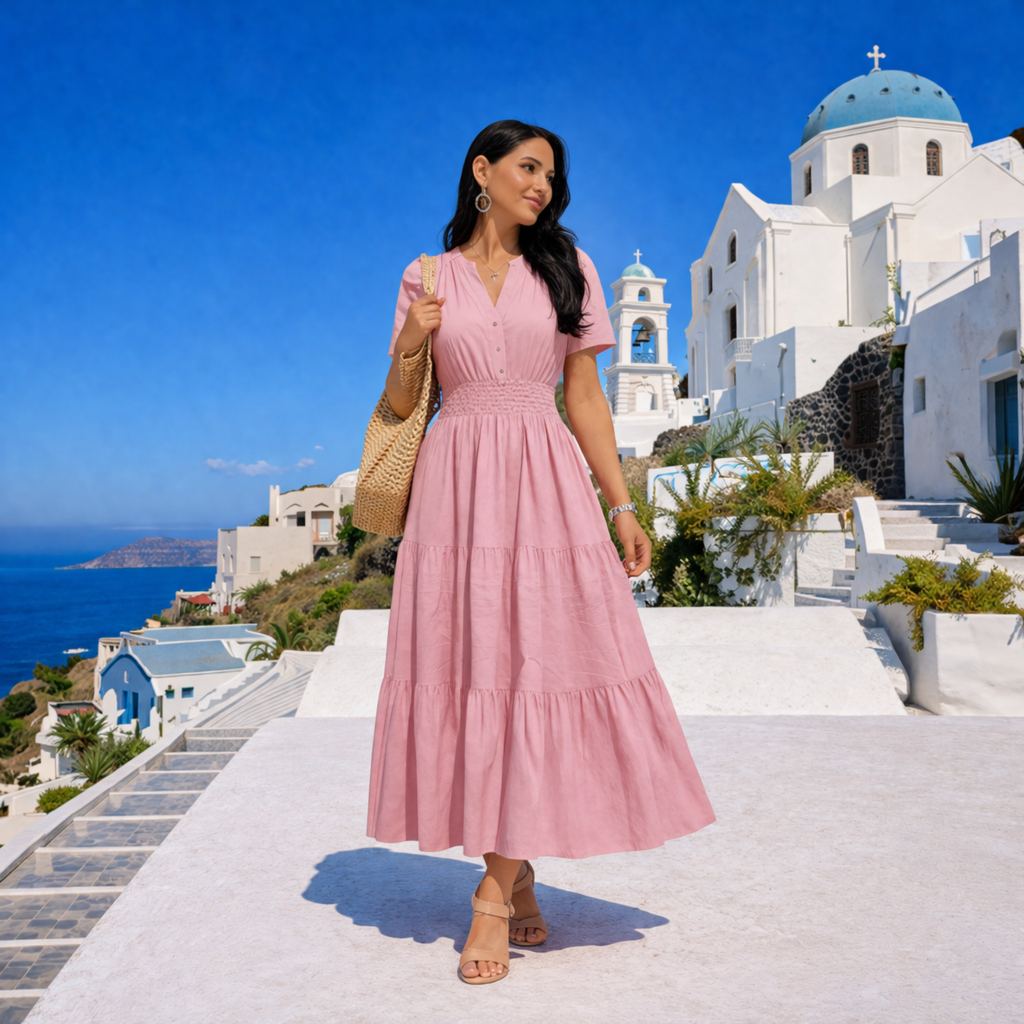 LV.GLAM®VESTIDO BOHO CON ESCOTE V Y BOLSILLOS-ELEGANTE Y CÓMODO