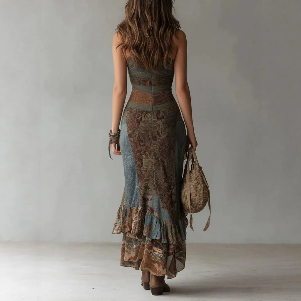 Elena - Vestido largo asimétrico de un hombro con estampado étnico y abertura alta