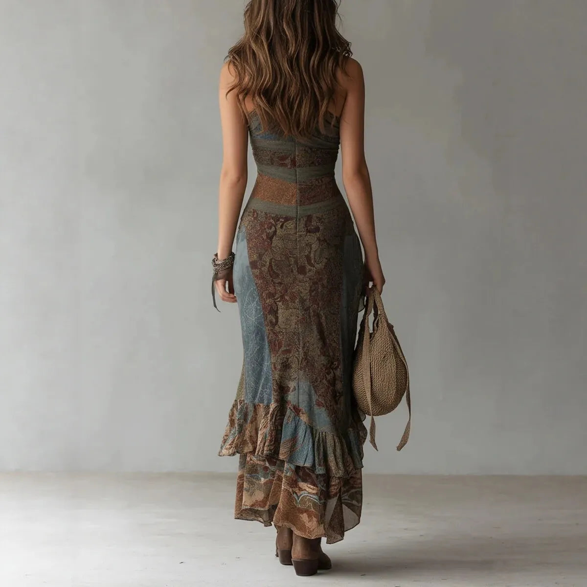 Elena - Vestido largo asimétrico de un hombro con estampado étnico y abertura alta