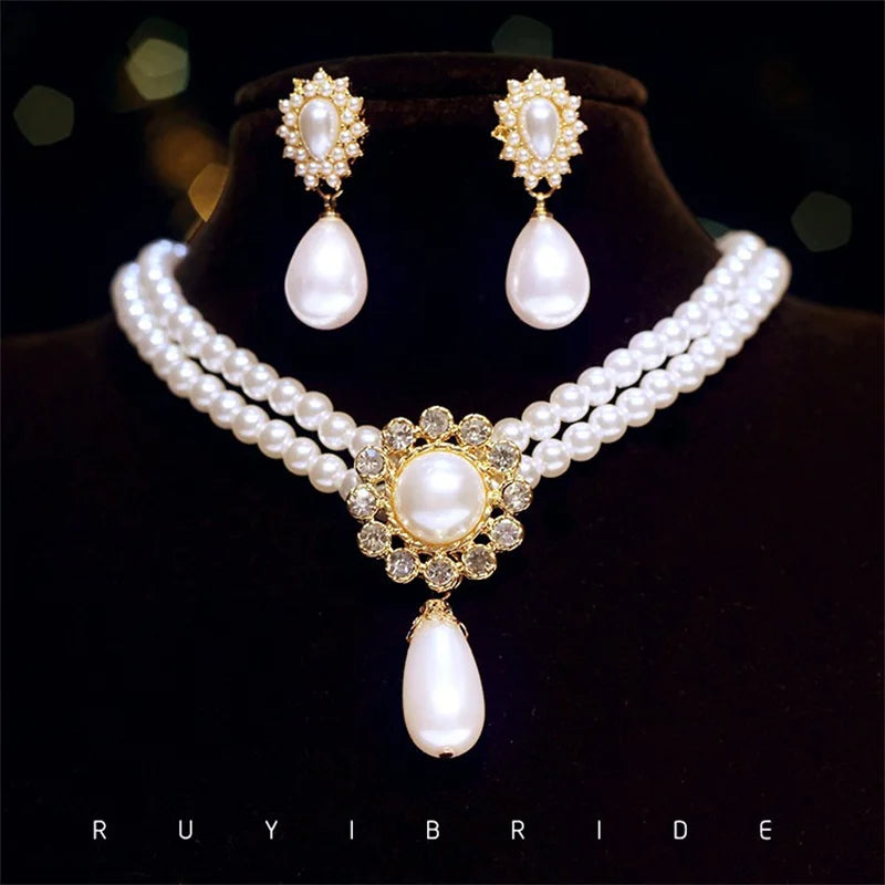 Elegante collar vintage con colgante de perlas y aretes para mujer, gargantilla clásica y exquisita, joyería