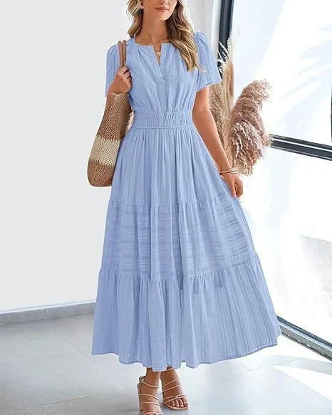 LV.GLAM®VESTIDO BOHO CON ESCOTE V Y BOLSILLOS-ELEGANTE Y CÓMODO