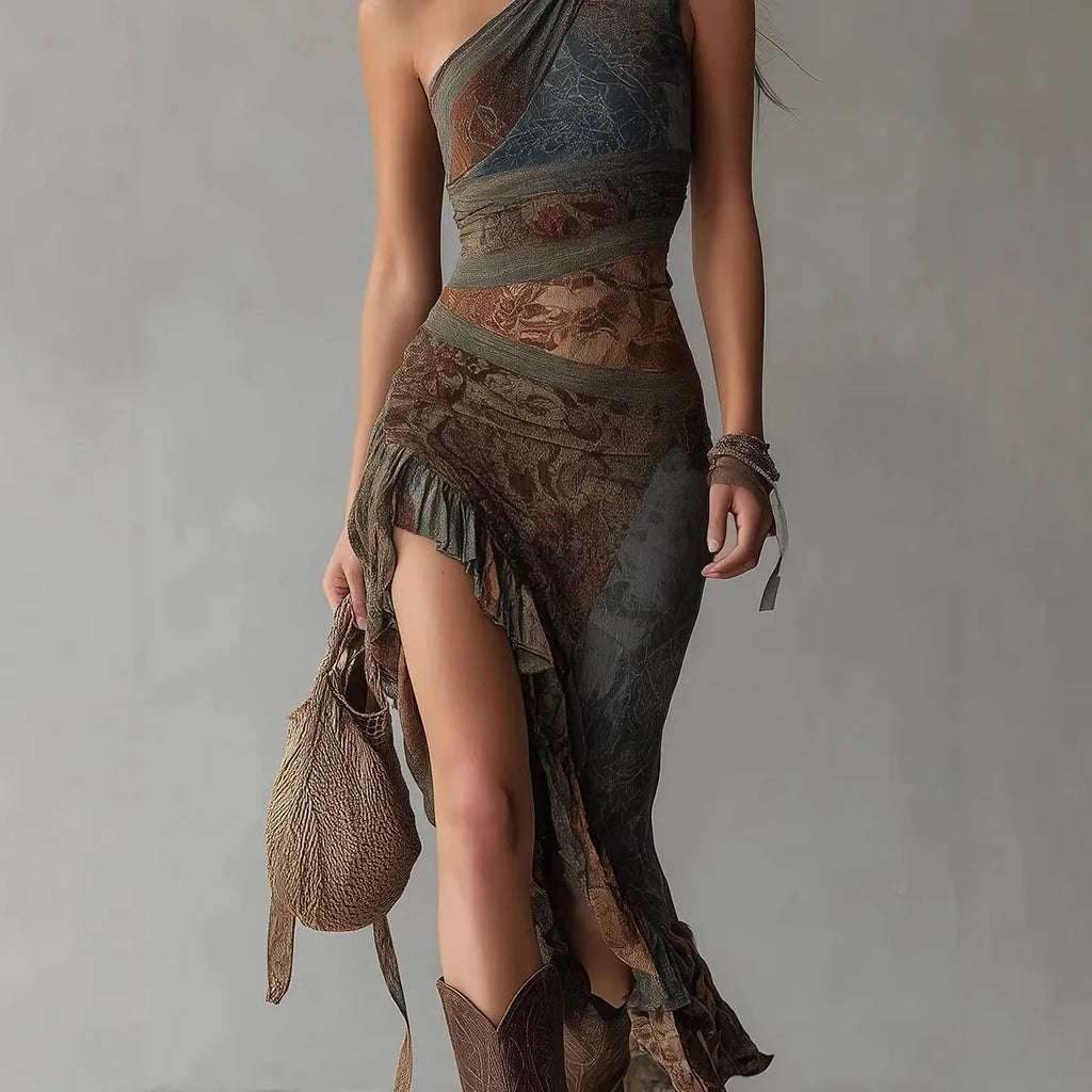 Elena - Vestido largo asimétrico de un hombro con estampado étnico y abertura alta