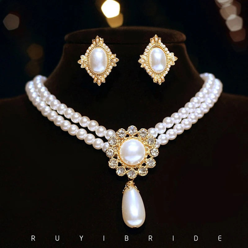 Elegante collar vintage con colgante de perlas y aretes para mujer, gargantilla clásica y exquisita, joyería