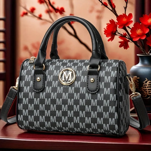 Bolso de piel sintética estilo de lujo con el logo "M" dorado para mujer, ideal para el trabajo, viajes, fiestas y regalos.