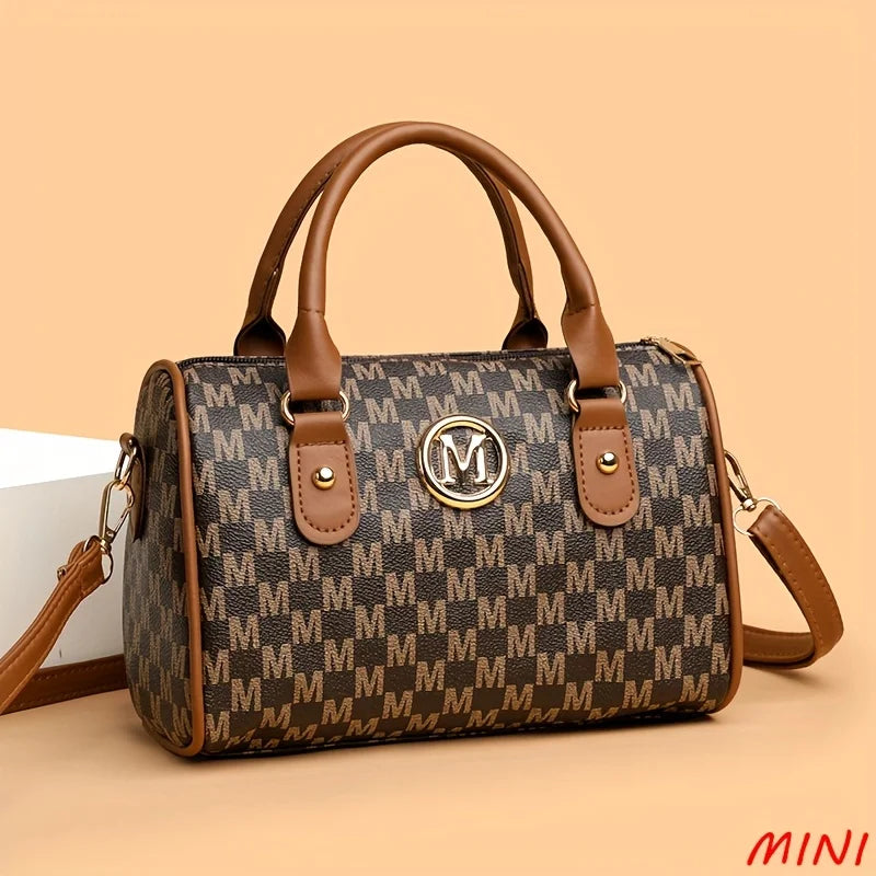 Bolso de piel sintética estilo de lujo con el logo "M" dorado para mujer, ideal para el trabajo, viajes, fiestas y regalos.